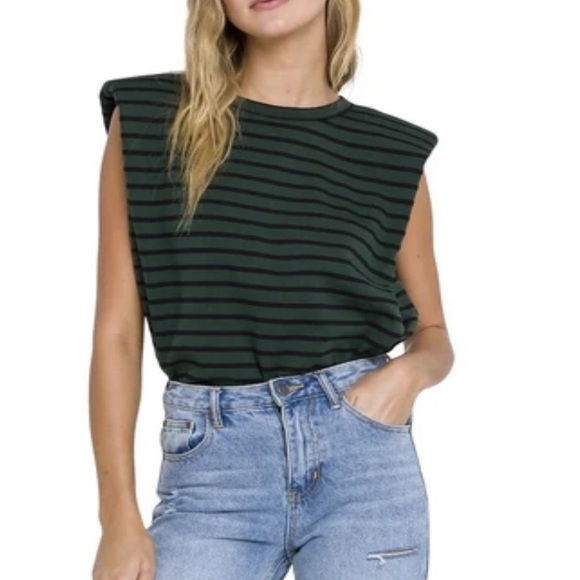 New Endless Rose Striped Green and Black Shoulder Padded Top M - Picture 1 of 12